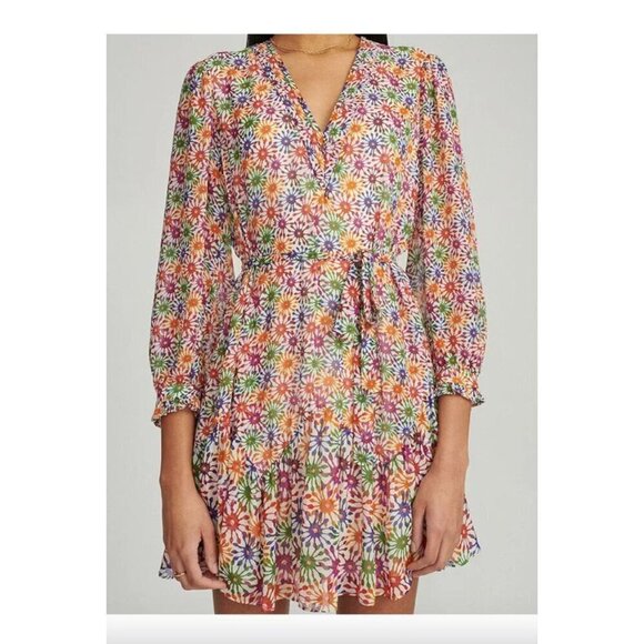 Saloni Franca Silk Floral Print Mini Wrap Dress Red Cream Womens Size 6 - Picture 3 of 13